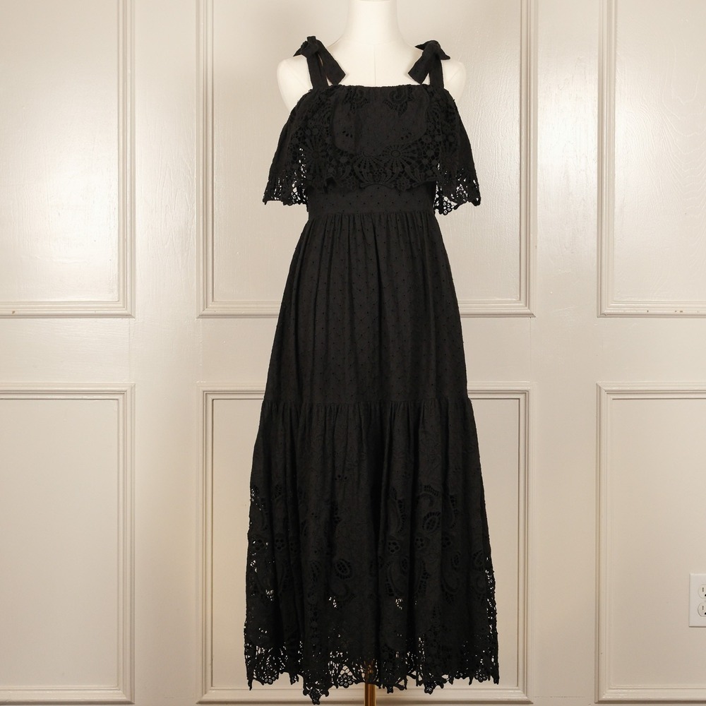 Antonio Melani Eyelet Lace Midi Dress Womens 4 Black Tie Strap Tiered Ruffle